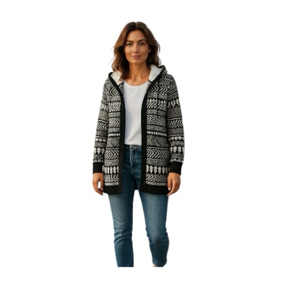 Cardigan Sweater With Faux Sherpa Hood - Picture 7 of 10